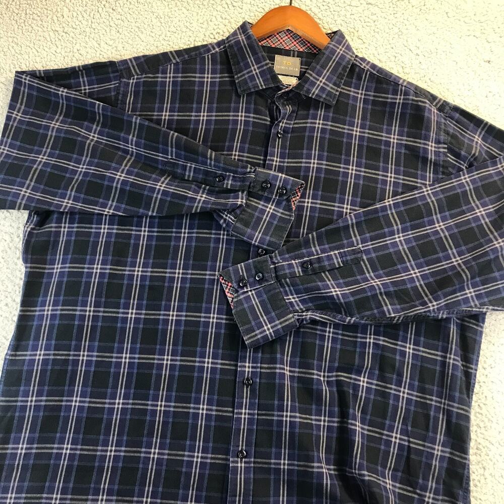 Thomas Dean Mens Long Sleeve Shirt Shirtmaker's 2XL Flip Cuff Deep Blue Plaid